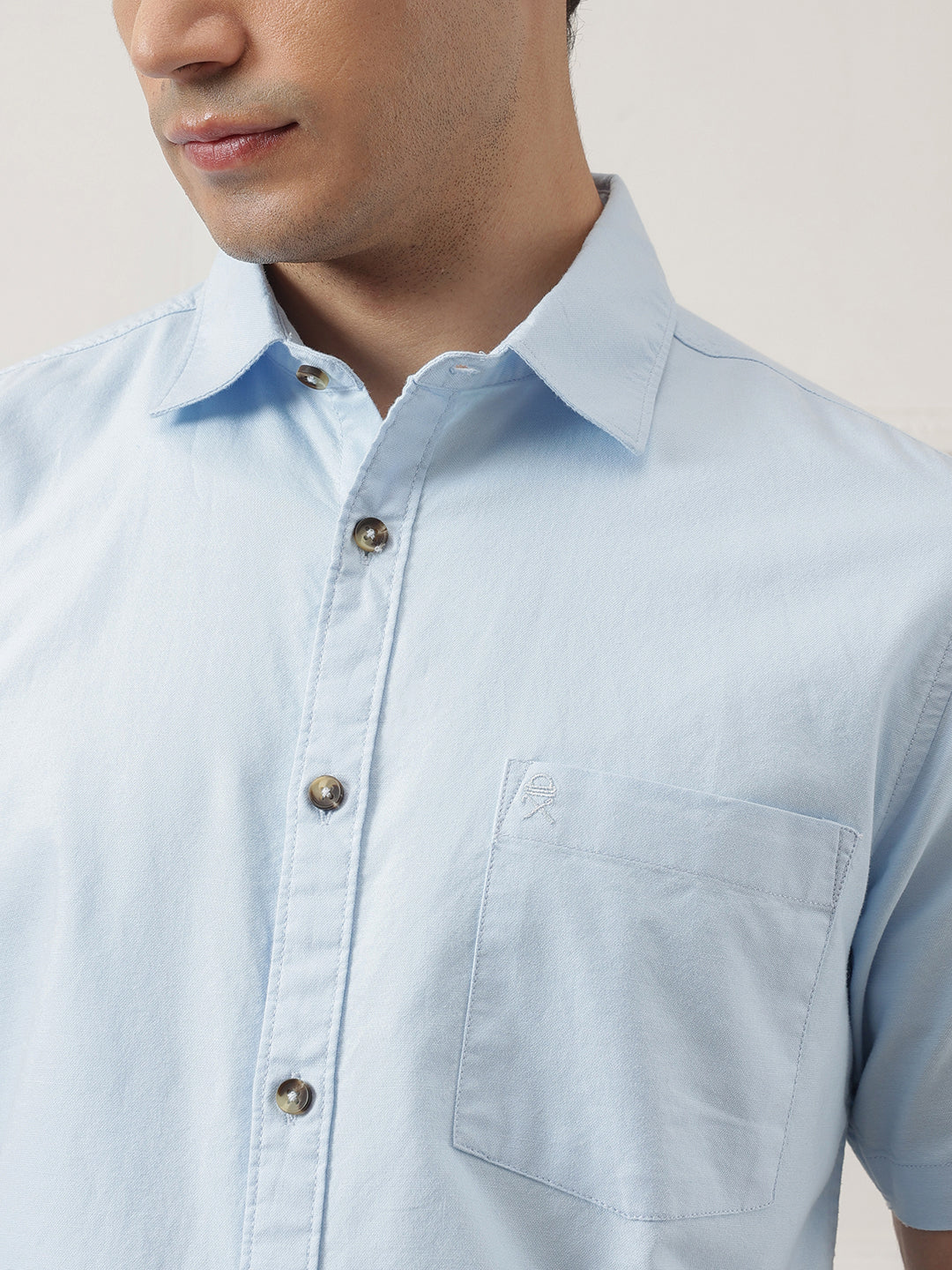 Sky Blue Regular Fit Short Sleeve Spread Collar Solid Oxford Cotton Casual Shirt For Men