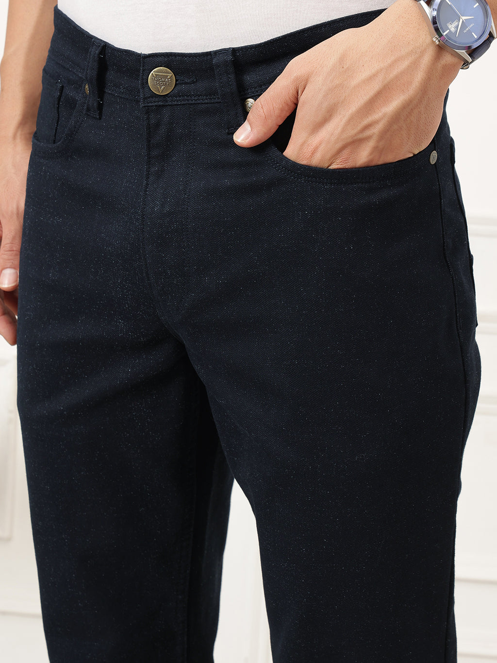 Black Smart Straight Fit Mid-Rise Solid Woven Trouser For Men