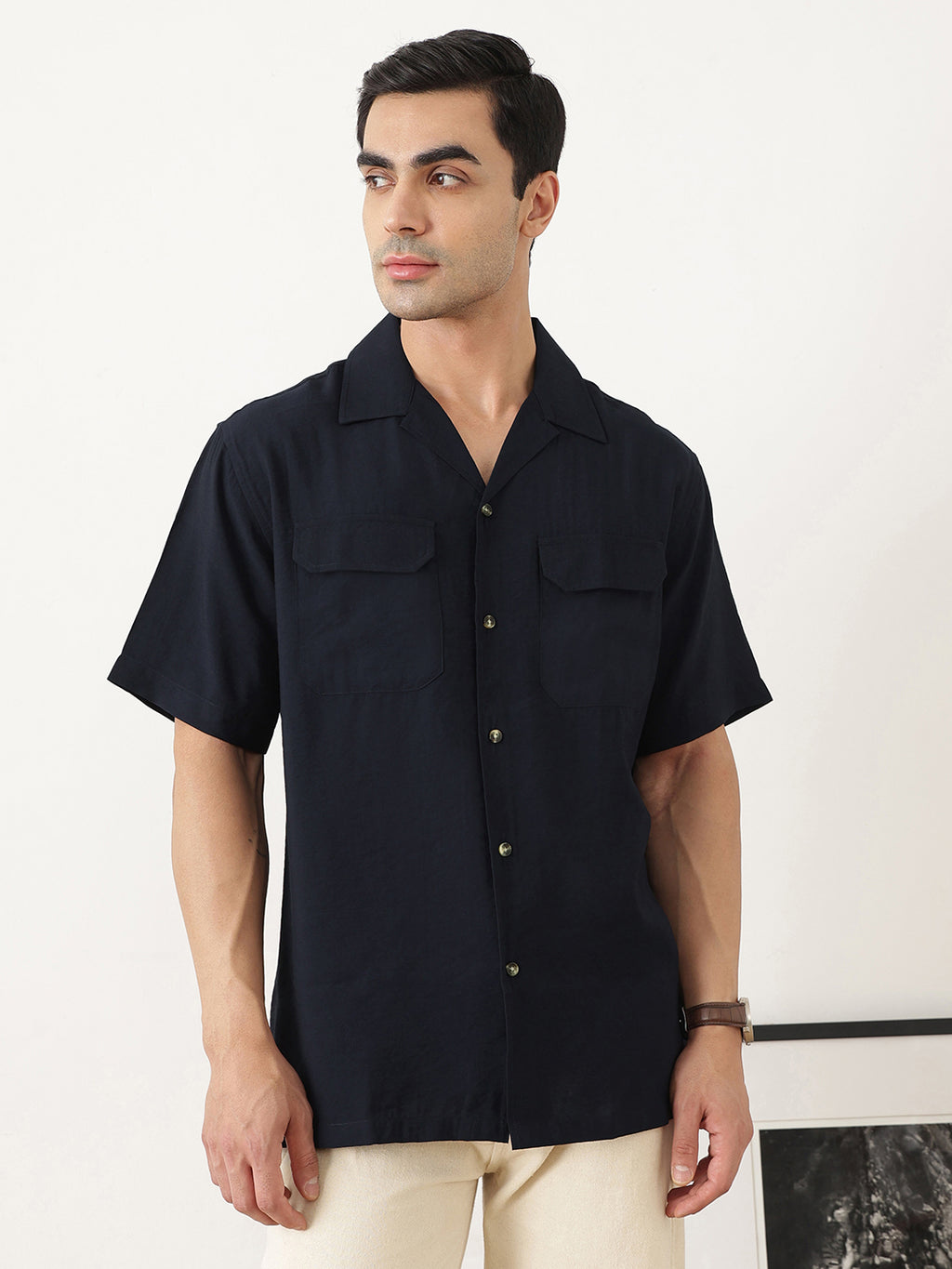 Thomas Scott Men Premium Navy Oversize Fit Short Sleeves Cuban Collar Textured Casual Shirt
