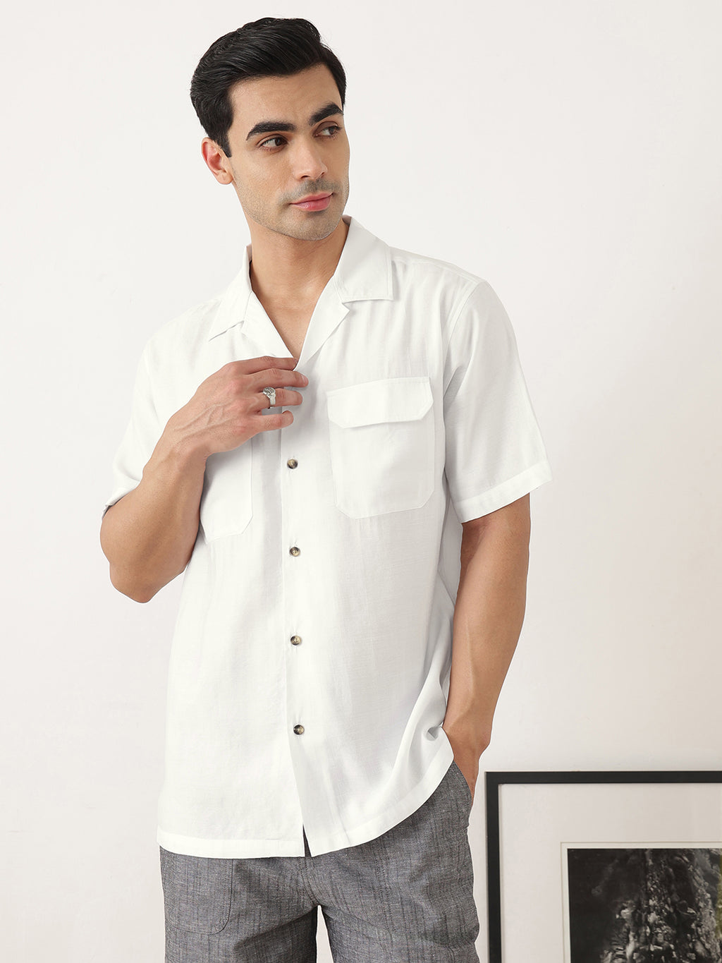 Thomas Scott Men Premium White Oversize Fit Short Sleeves Cuban Collar Textured Casual Shirt