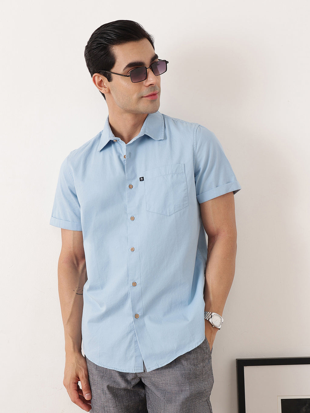Thomas Scott Men Blue Premium Slim Fit Short Sleeves Spread Collar Solid Cotton Twill Casual Shirt