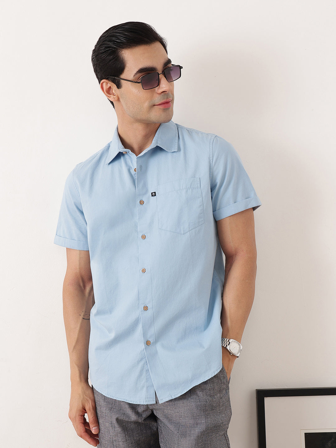 Thomas Scott Men Blue Premium Slim Fit Short Sleeves Spread Collar Solid Cotton Twill Casual Shirt