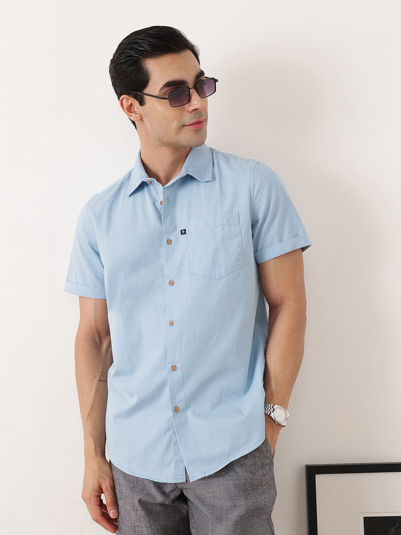 Thomas Scott Men Blue Premium Slim Fit Short Sleeves Spread Collar Solid Cotton Twill Casual Shirt