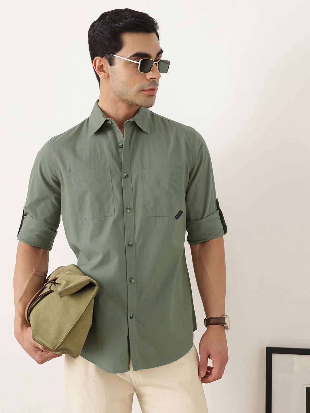 Thomas Scott Men Premium Mint Slim Fit Long Roll-Up Sleeves Spread Collar Solid Cotton Casual Shirts