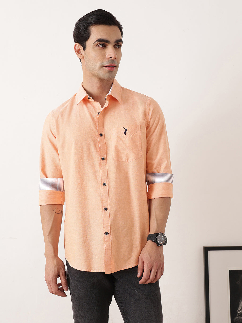 Thomas Scott Men Orange Premium Slim Fit Long Sleeves Spread Collar Solid Cotton Twill Casual Shirt
