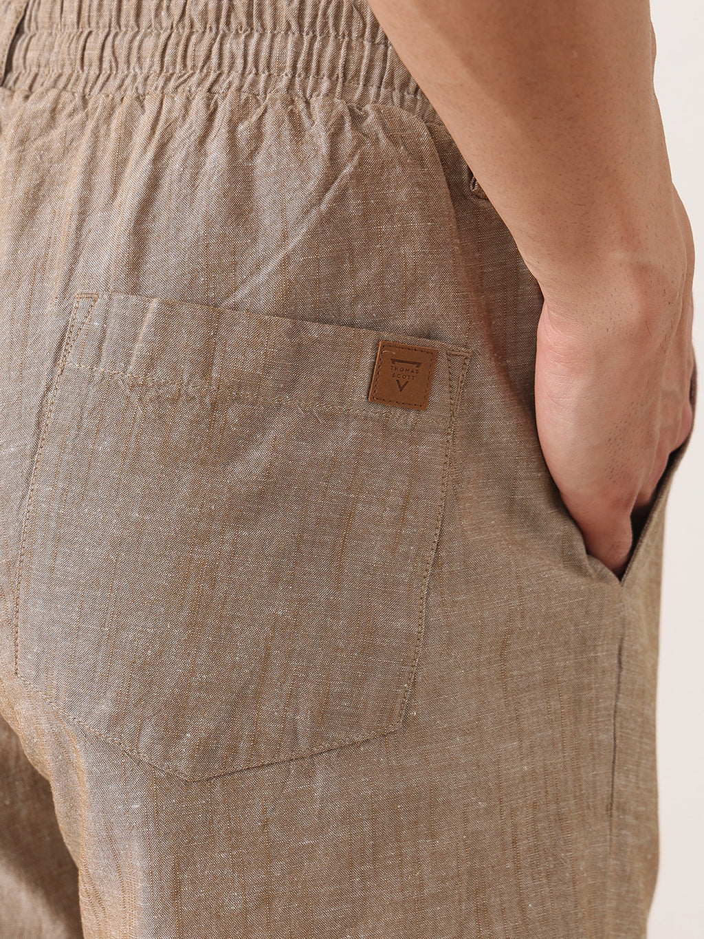 Thomas Scott Men Khaki Smart Relaxed Fit Mid-Rise Solid Cotton Linen Pleated Casual Trousers