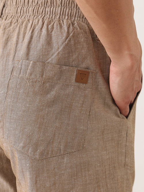 Thomas Scott Men Khaki Smart Relaxed Fit Mid-Rise Solid Cotton Linen Pleated Casual Trousers