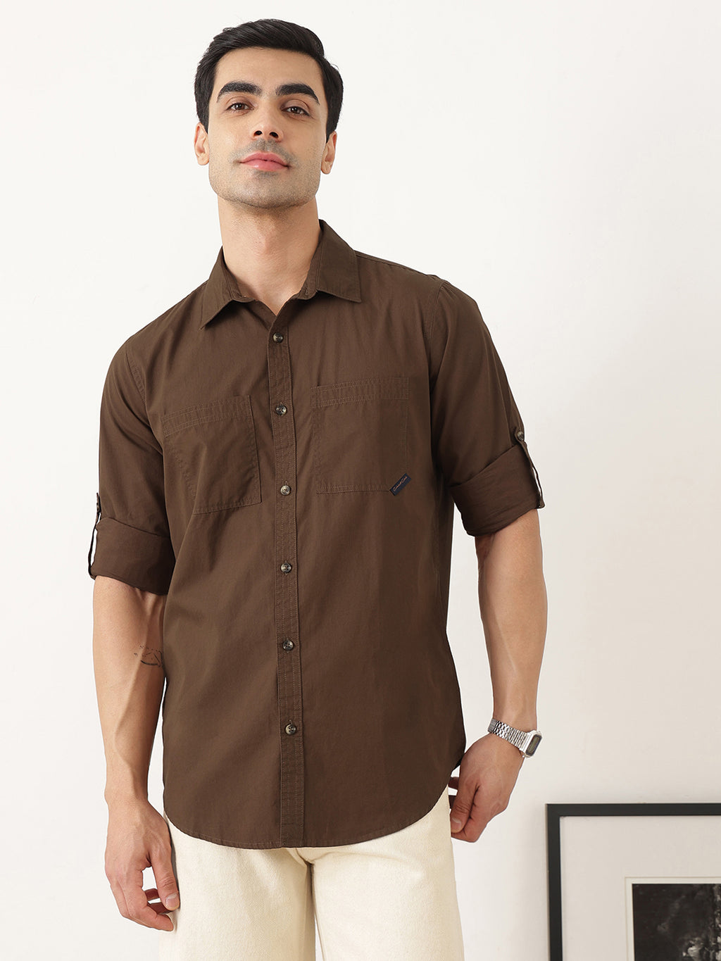 Thomas Scott Men Premium Brown Slim Fit Long Roll-Up Sleeves Spread Collar Solid Cotton Casual Shirts