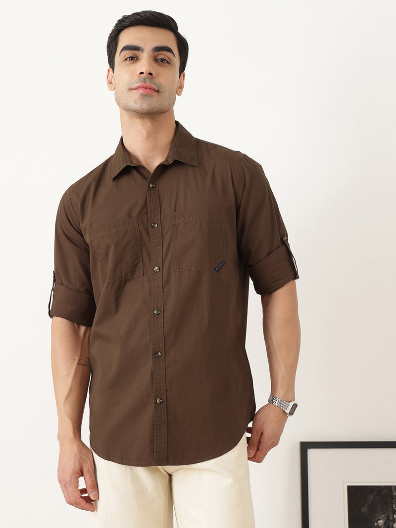 Thomas Scott Men Premium Brown Slim Fit Long Roll-Up Sleeves Spread Collar Solid Cotton Casual Shirts