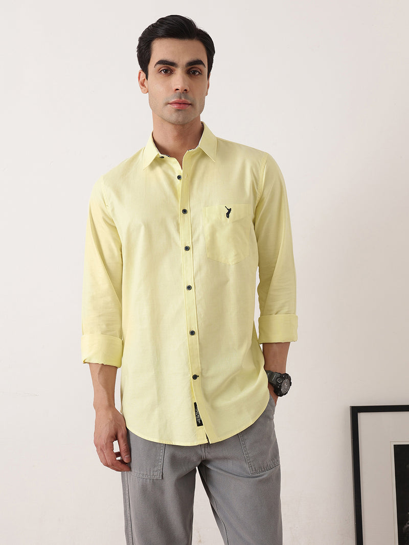 Thomas Scott Men Yellow Premium Slim Fit Long Sleeves Spread Collar Solid Cotton Twill Shirt