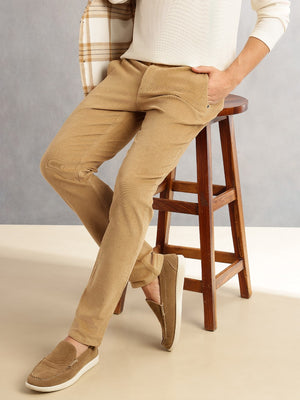 Thomas Scott Men Beige Regular Fit Mid-Rise 4 Pockets Woven Corduroy Trouser