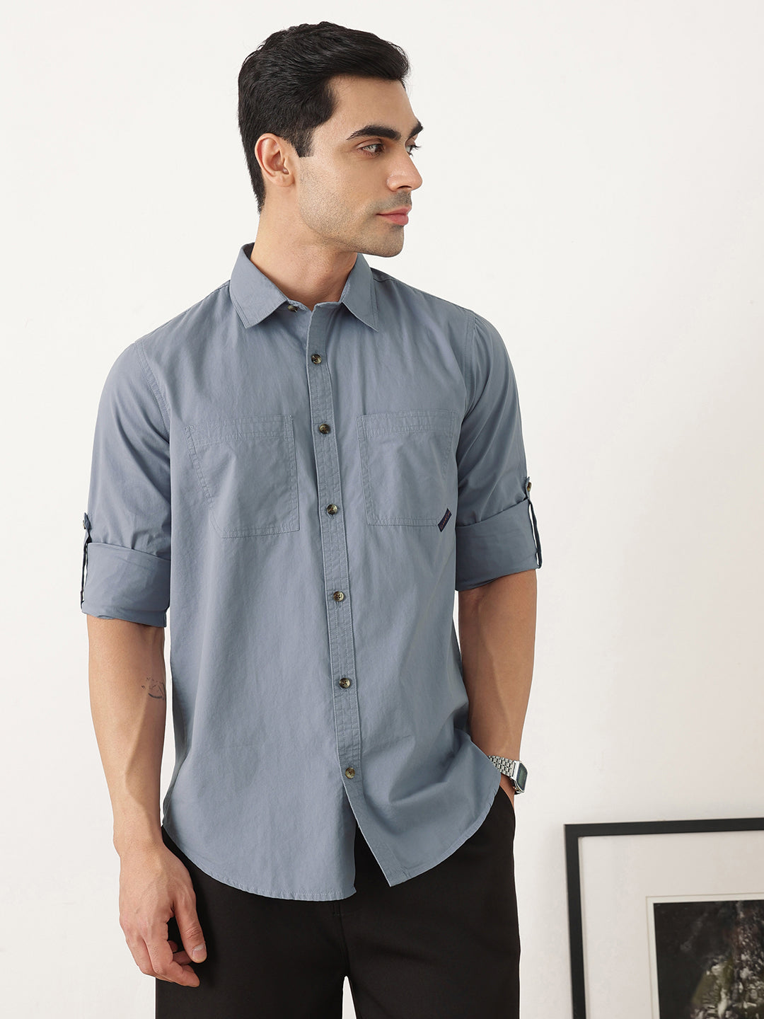 Thomas Scott Men Premium Mid Blue Slim Fit Long Roll-Up Sleeves Spread Collar Solid Cotton Casual Shirts