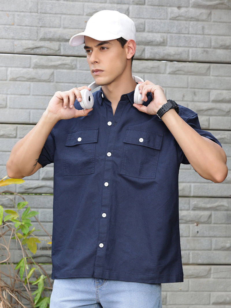 Thomas Scott Men Navy Smart Boxy Fit Short Sleeves Spread Collar Solid Cotton Oxford Shirt