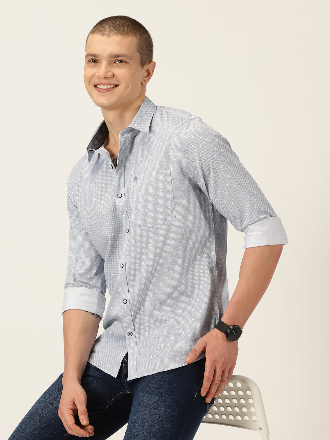 Thomas Scott Men Blue Smart Slim Fit Long Sleeves Spread Collar Micro Ditsy Printed Cotton Casual Shirt