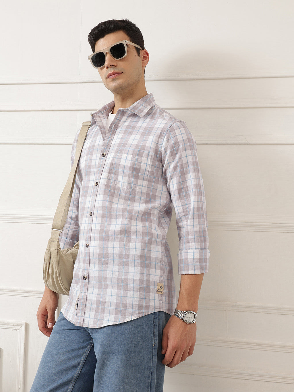 Grey Premium Slim Fit Graphic Checked Cotton Linen Casual Shirt For Men