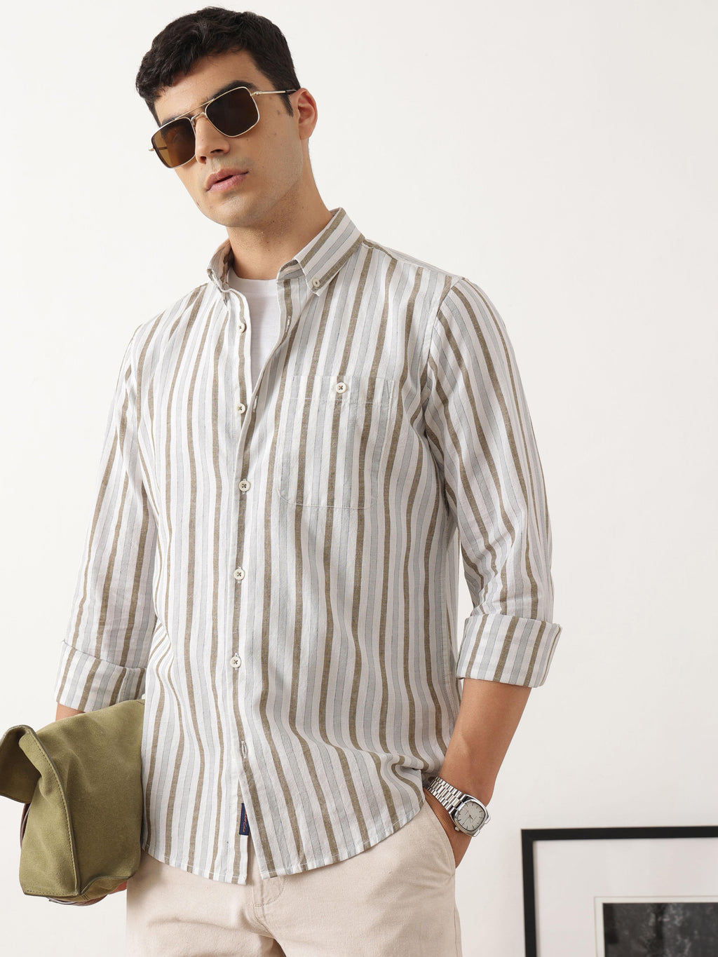 Thomas Scott Men Premium White Slim Fit Long Sleeves Vertical Striped Cotton Linen Casual Shirt with Button Down Collar