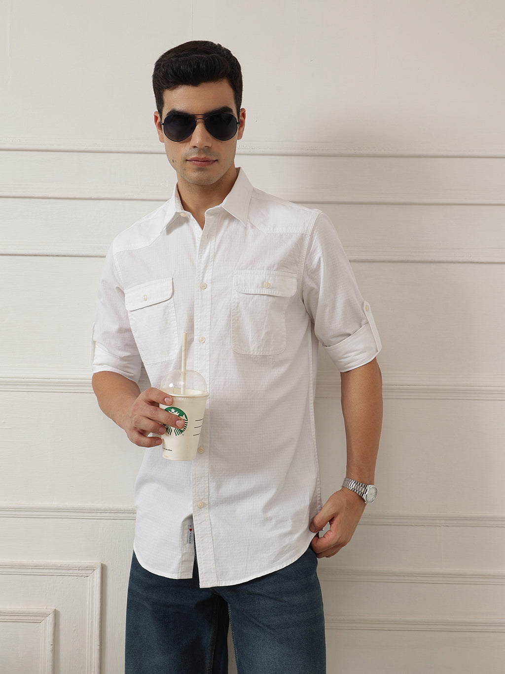 White Optical Roll-Up Sleeve Regular Fit Spread Collar Textured Cotton Casual Shirt For Men