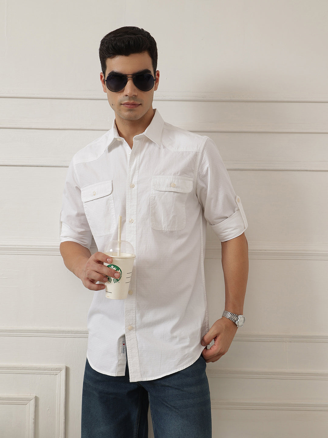 White Optical Roll-Up Sleeve Regular Fit Spread Collar Textured Cotton Casual Shirt For Men