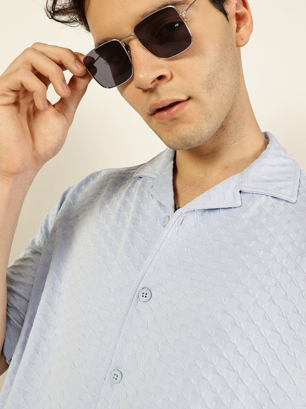 Thomas Scott Men Sky Blue Premium Short Sleeves Relaxed Fit Cuban Collar Textured Cotton Casual Shirt