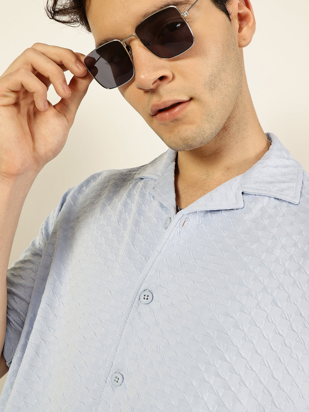 Thomas Scott Men Sky Blue Premium Short Sleeves Relaxed Fit Cuban Collar Textured Cotton Casual Shirt