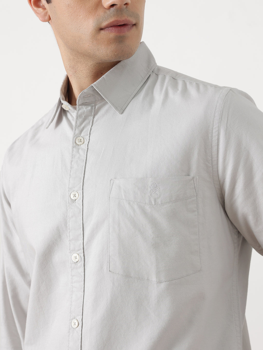 Light Grey Premium Slim Fit Long Sleeves Spread Collar Solid Cotton Oxford Casual Shirt For Men