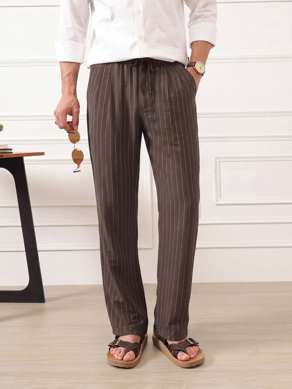 Thomas Scott Men Brown Smart Straight Fit Mid-Rise Pleated Woven Trouser
