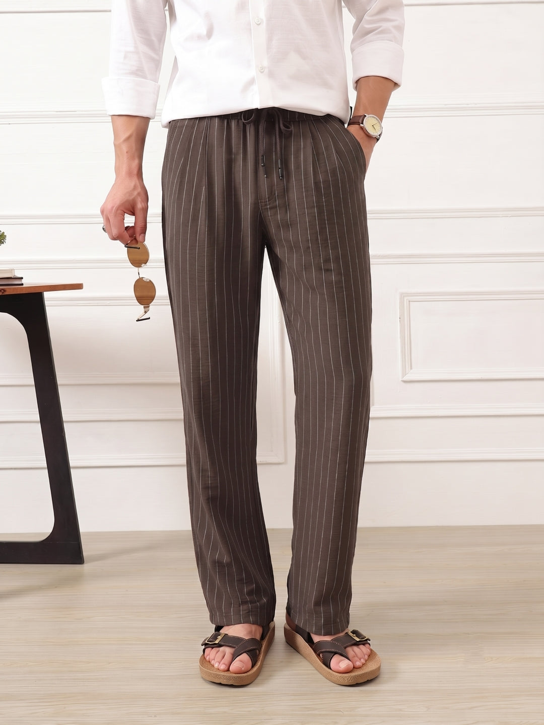 Thomas Scott Men Brown Smart Straight Fit Mid-Rise Pleated Woven Trouser