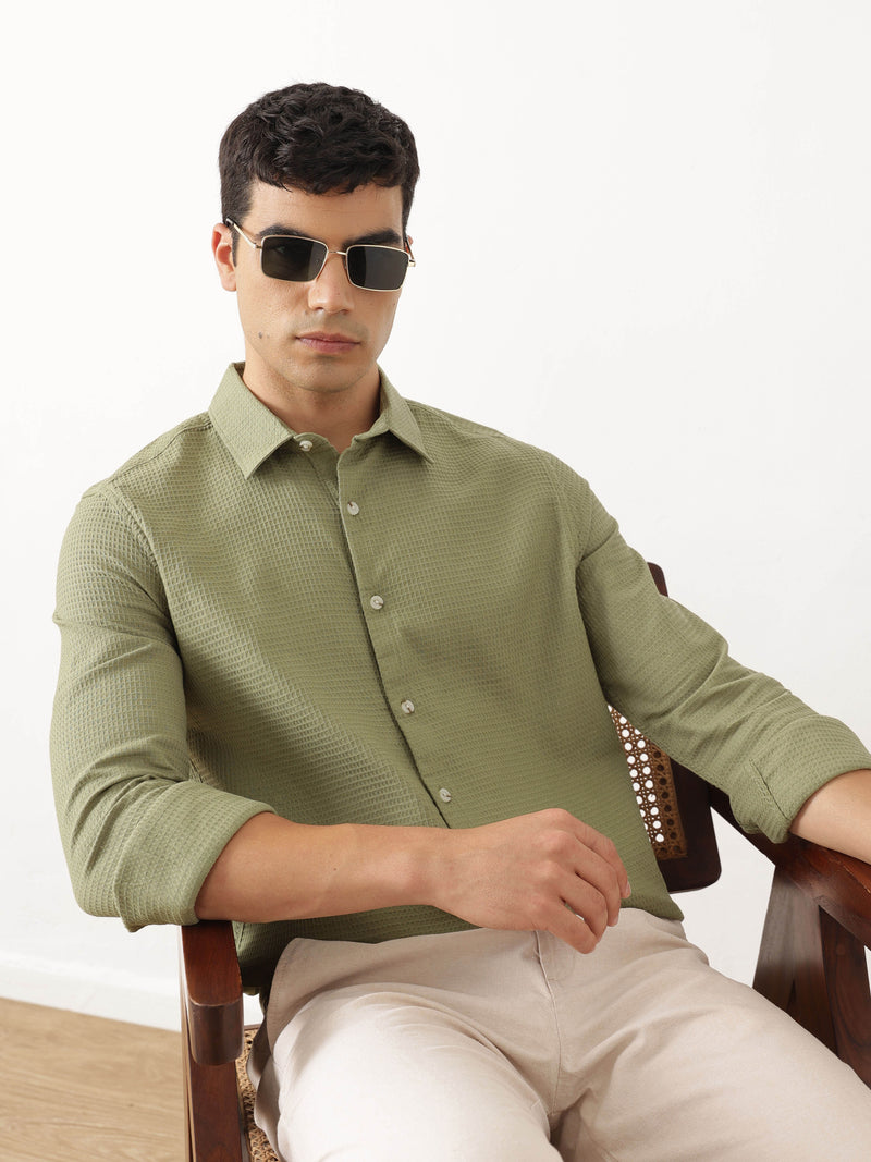 Thomas Scott Men Premium Olive Regular Fit Long Sleeves Spread Collar Textured Casual Shirt