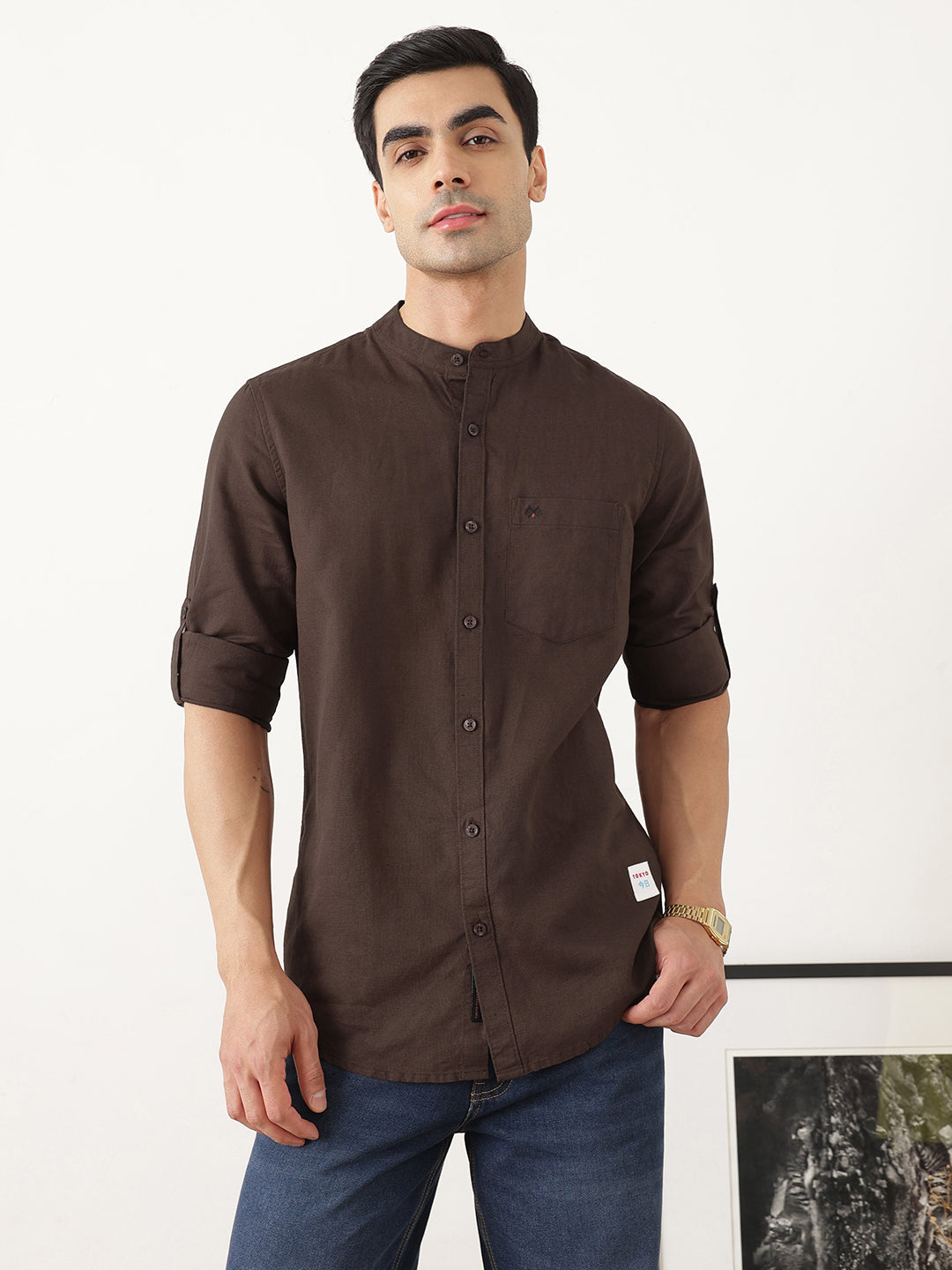 Thomas Scott Men Premium Brown Slim Fit Long Sleeves Mandarin Collar Solid Cotton Linen Casual Shirt