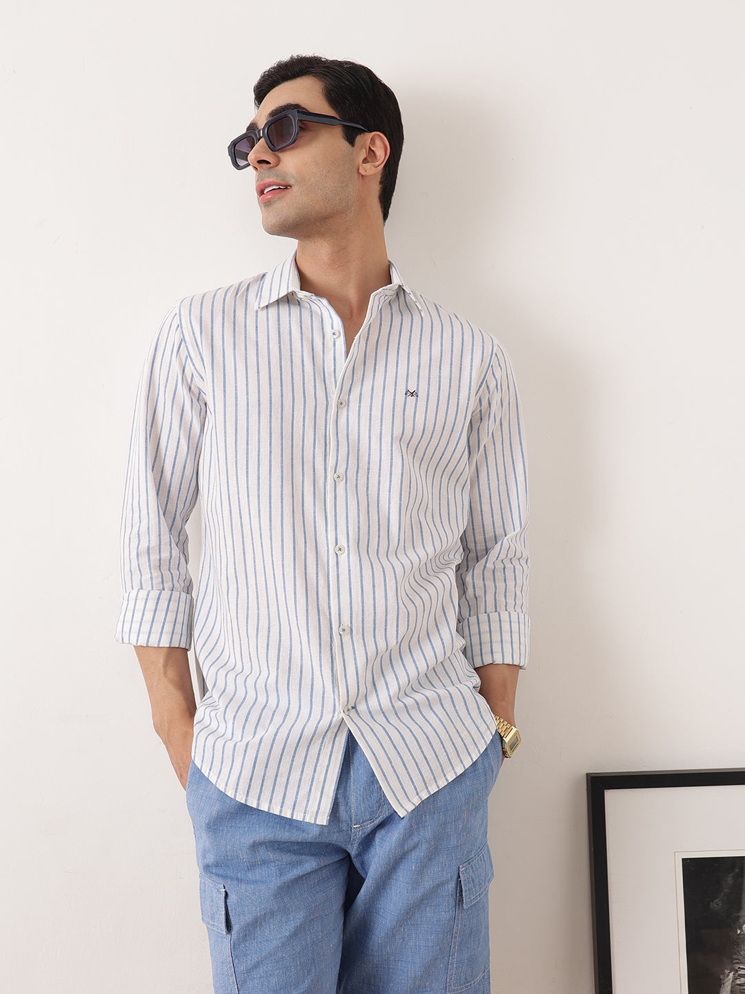 Thomas Scott Men Blue Premium Regular Fit Long Sleeves Spread Collar Vertical Stripes Cotton Linen Casual Shirts
