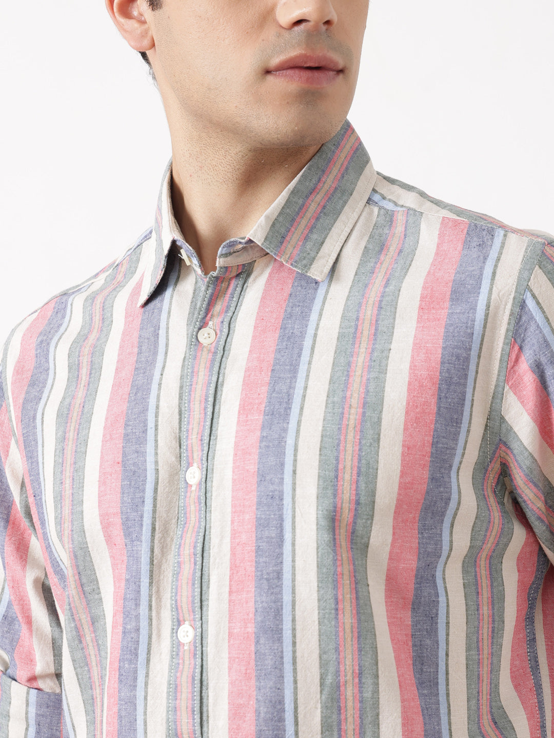 Natural Regular Fit Roll-Up Sleeve Spread Collar Vertical Striped Cotton Linen Casual Shirt For Men