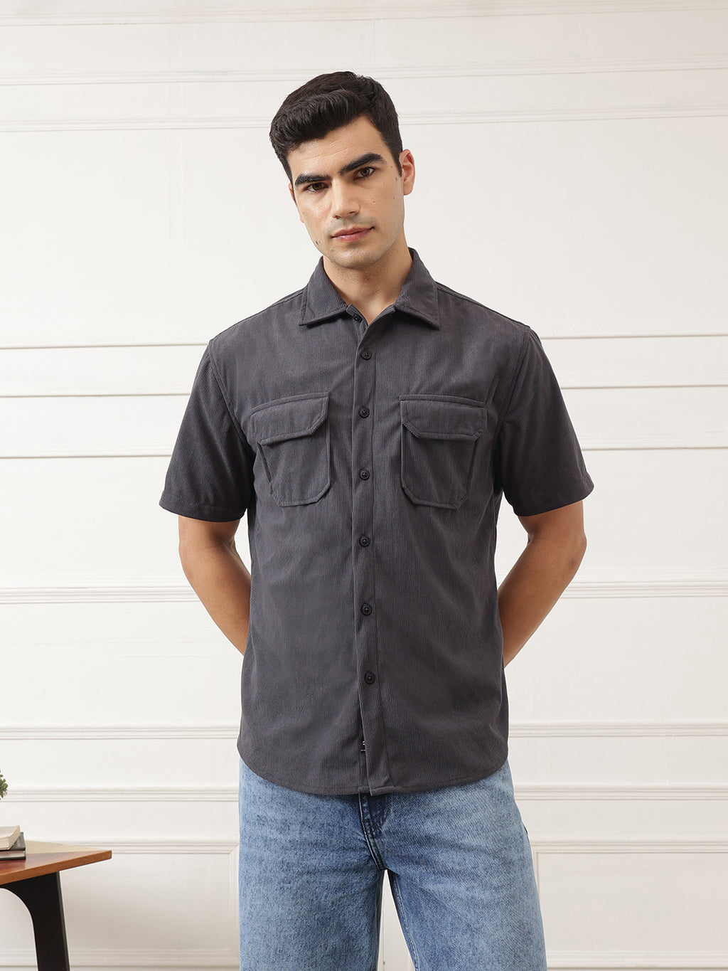 Dark Grey Oversized Short Sleeves Spread Collar Corduroy Shirt For Men