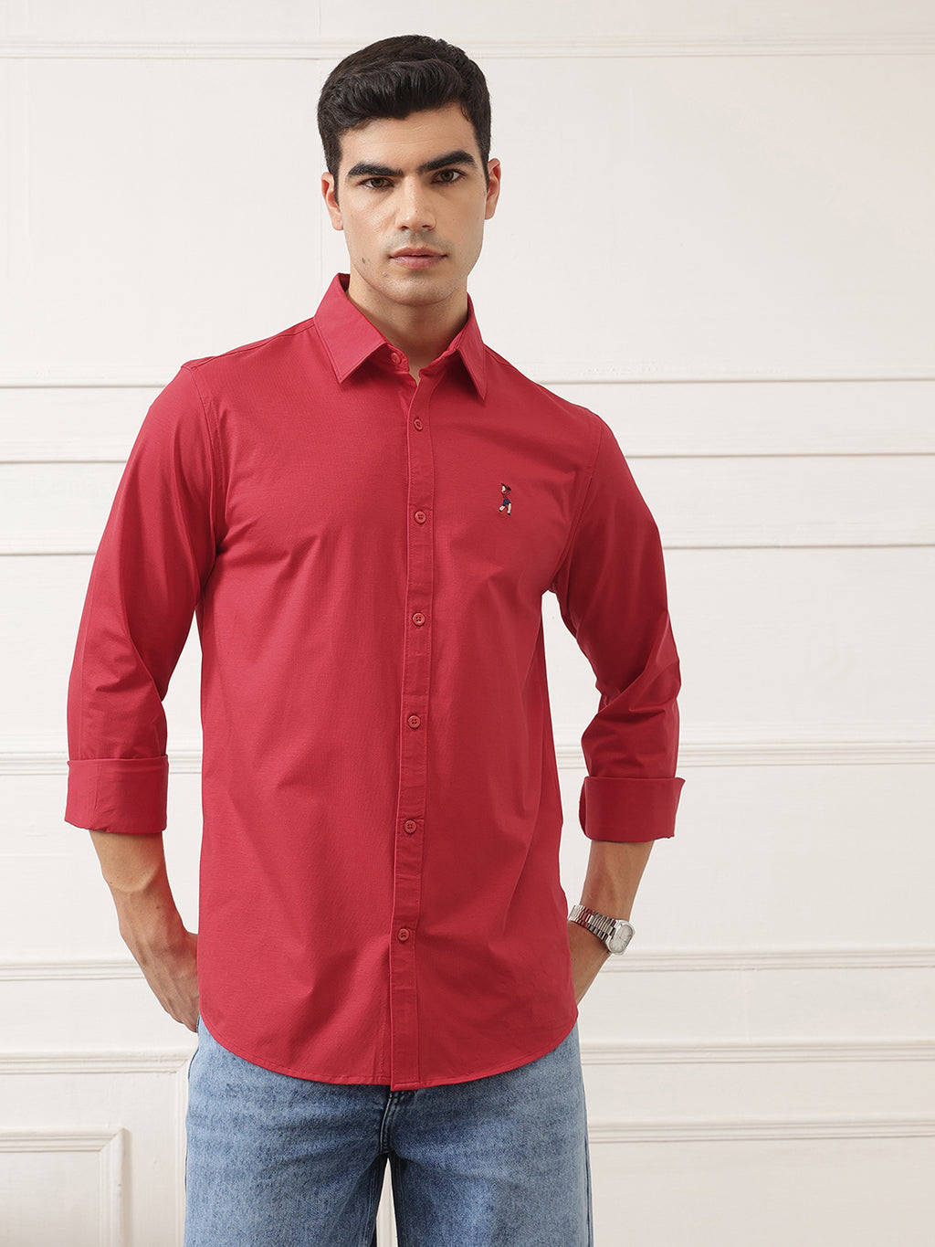 Red Premium Regular Fit Spread Collar Full Sleeve Solid Cotton Casual Shirt For Men