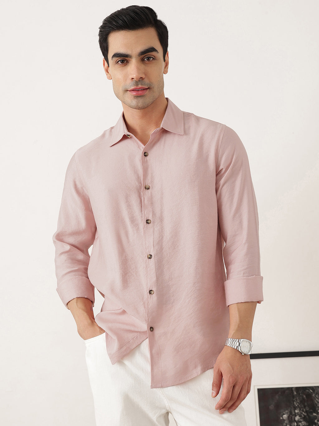 Thomas Scott Men Peach Premium Slim Fit Long Sleeves Semi Cutaway Collar Casual Shirt