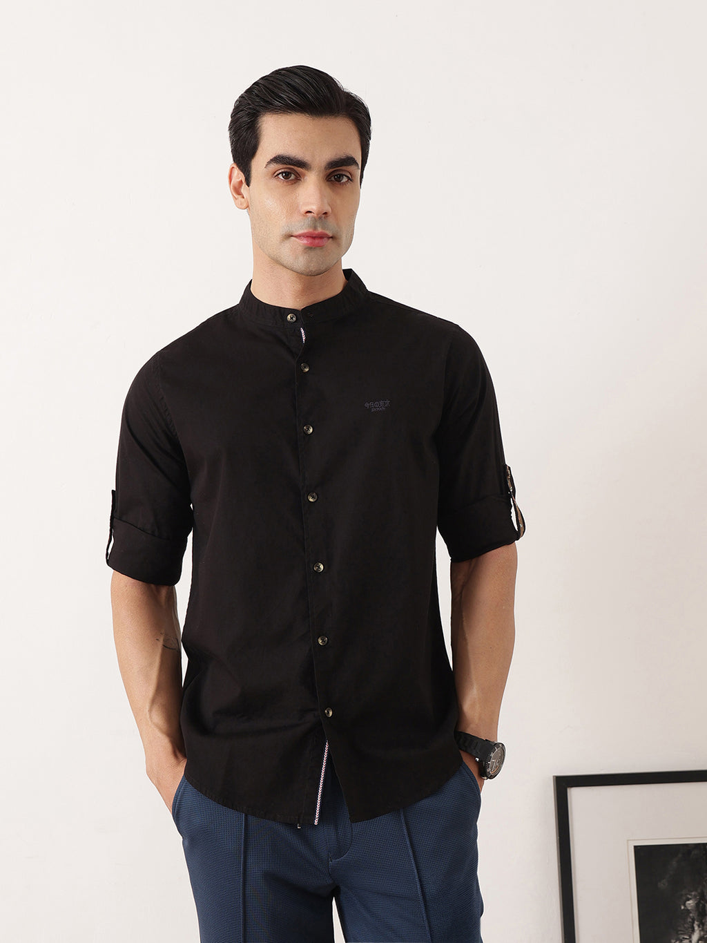 Thomas Scott Men Black  Premium Regular Fit Long Roll-Up Sleeves Mandarin Collar Solid Cotton Casual Shirts