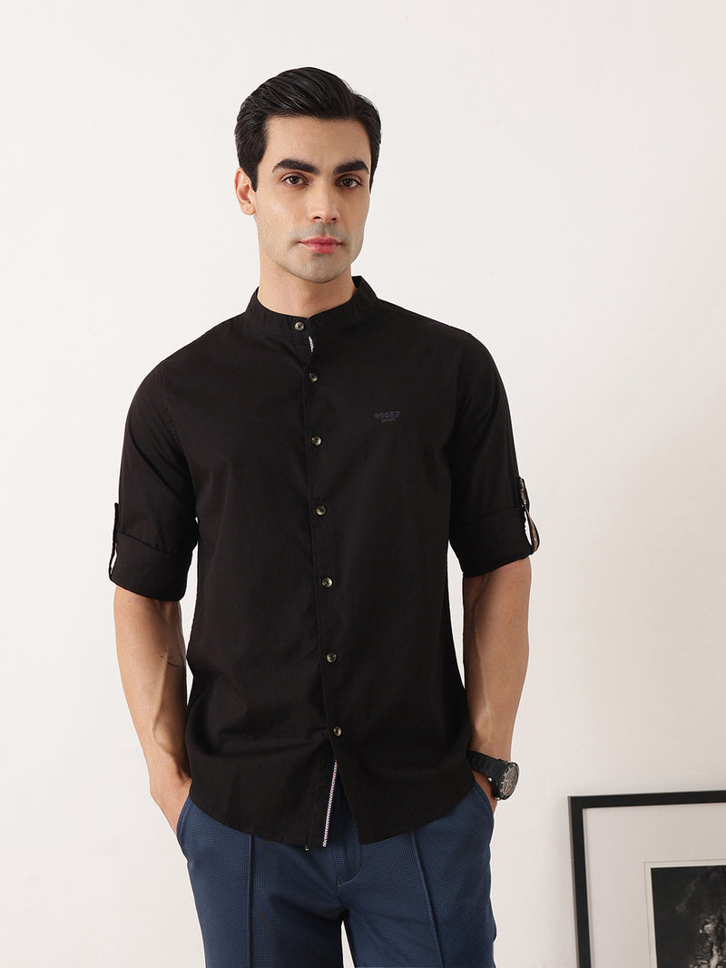 Thomas Scott Men Black  Premium Regular Fit Long Roll-Up Sleeves Mandarin Collar Solid Cotton Casual Shirts