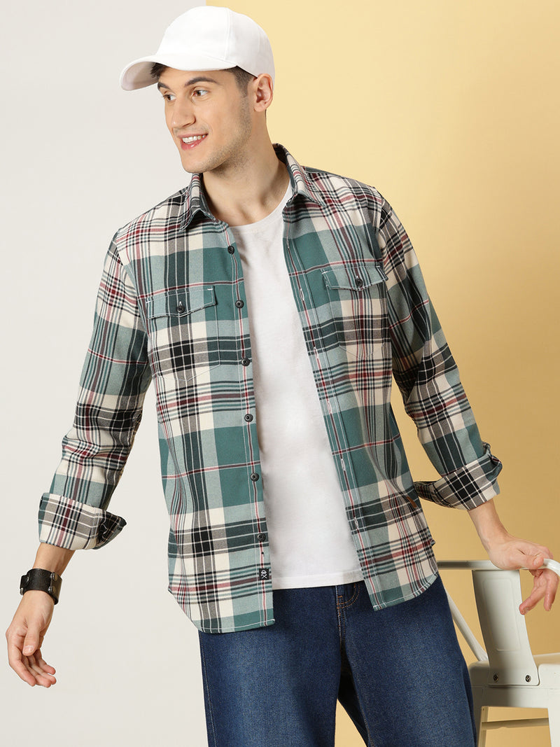 Thomas Scott Men Green Regular Fit Long Sleeves Spread Collar Tartan Checks Double Pocket Knitted Casual Shirt