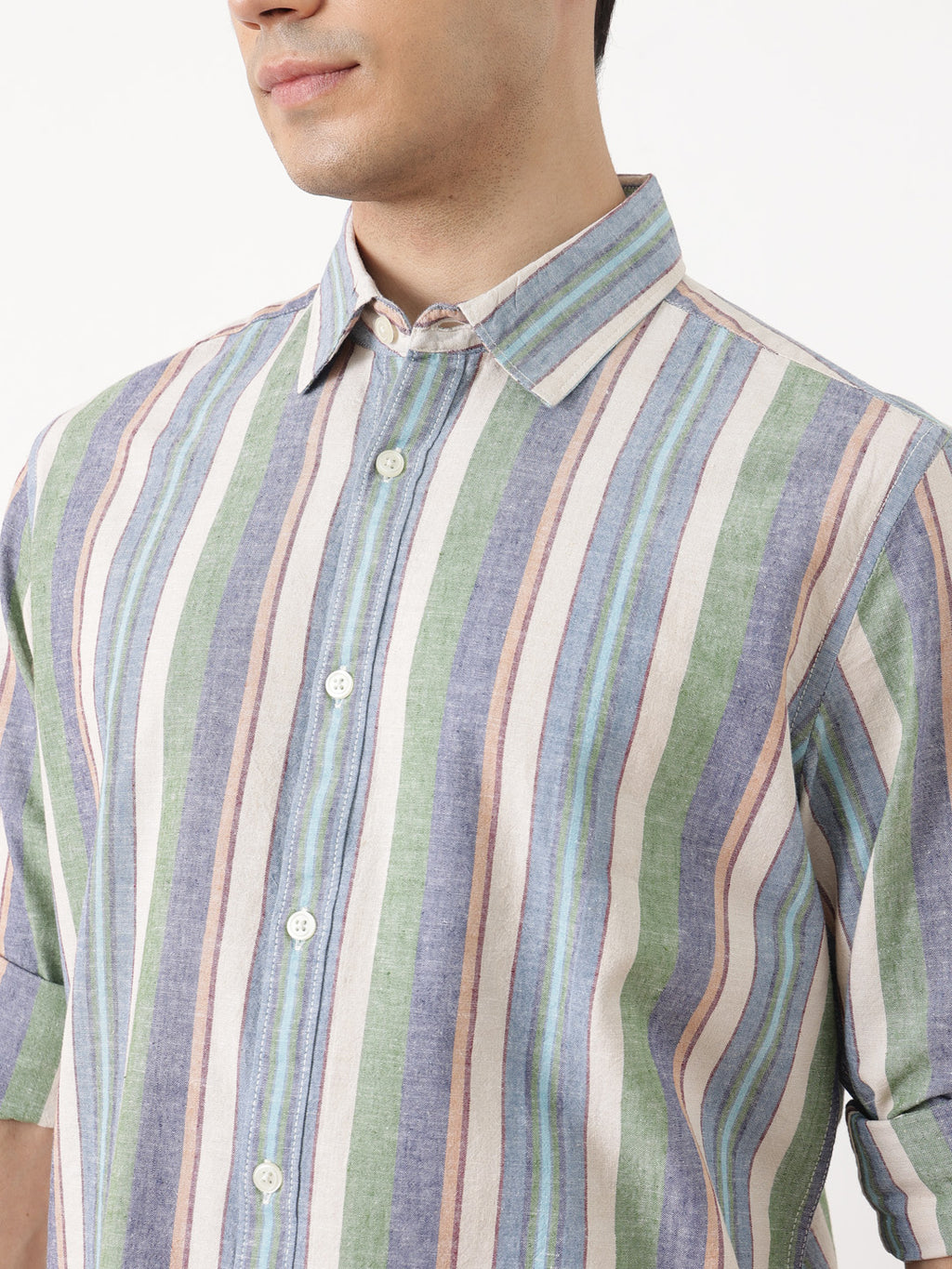 NaturalB Regular Fit Roll-Up Sleeve Spread Collar Vertical Striped Cotton Linen Casual Shirt For Men