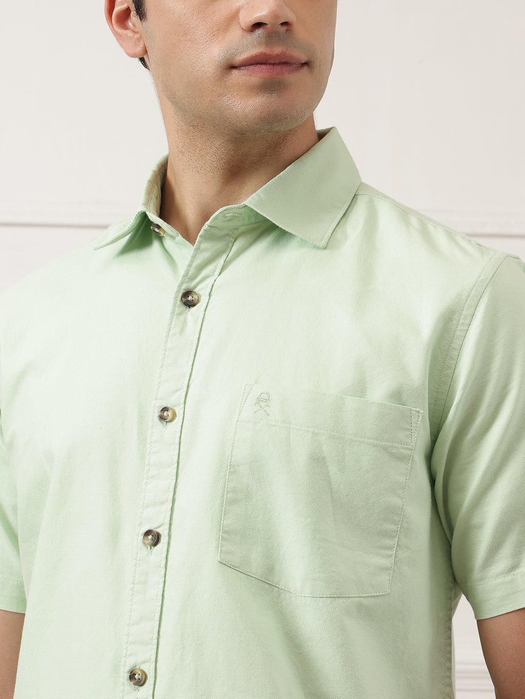Pista Regular Fit Short Sleeve Spread Collar Solid Oxford Cotton Casual Shirt For Men