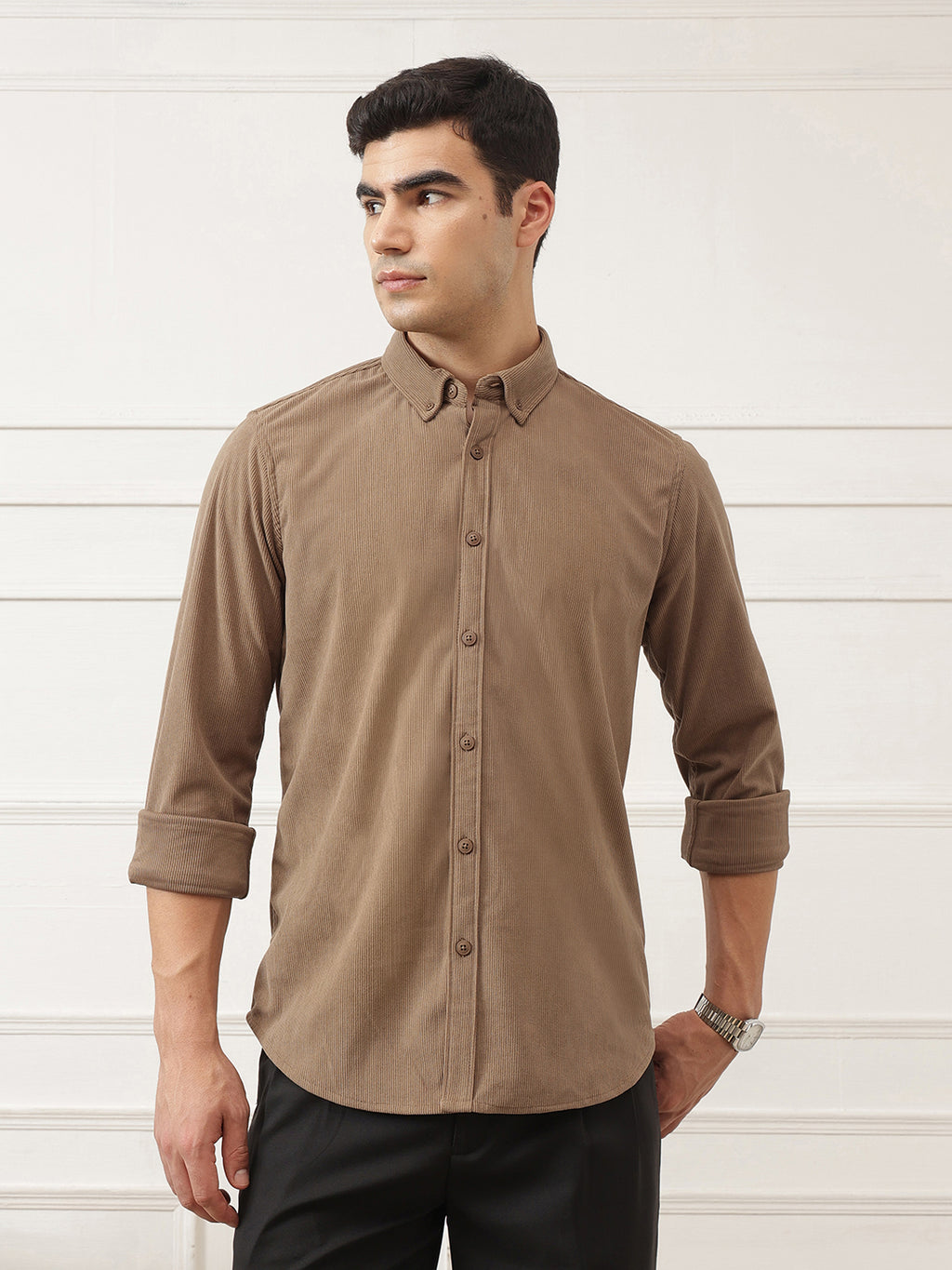 Mid Fawn Premium Slim Fit Full Sleeve Button-Down Collar Corduroy Shirt For Men
