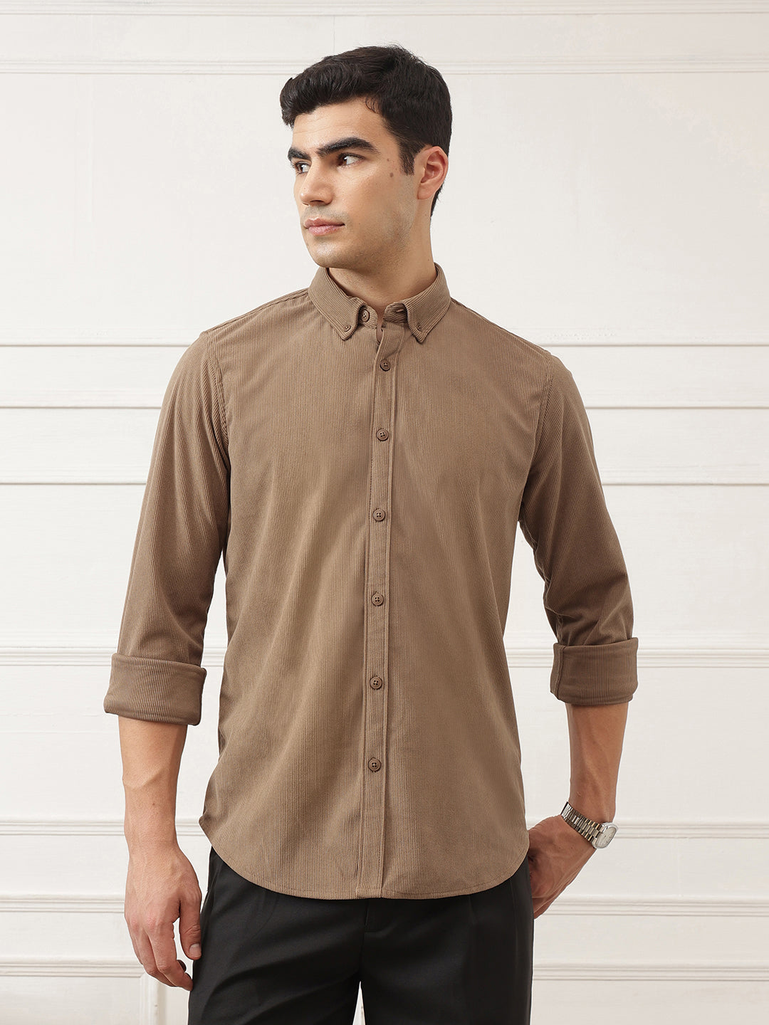 Mid Fawn Premium Slim Fit Full Sleeve Button-Down Collar Corduroy Shirt For Men