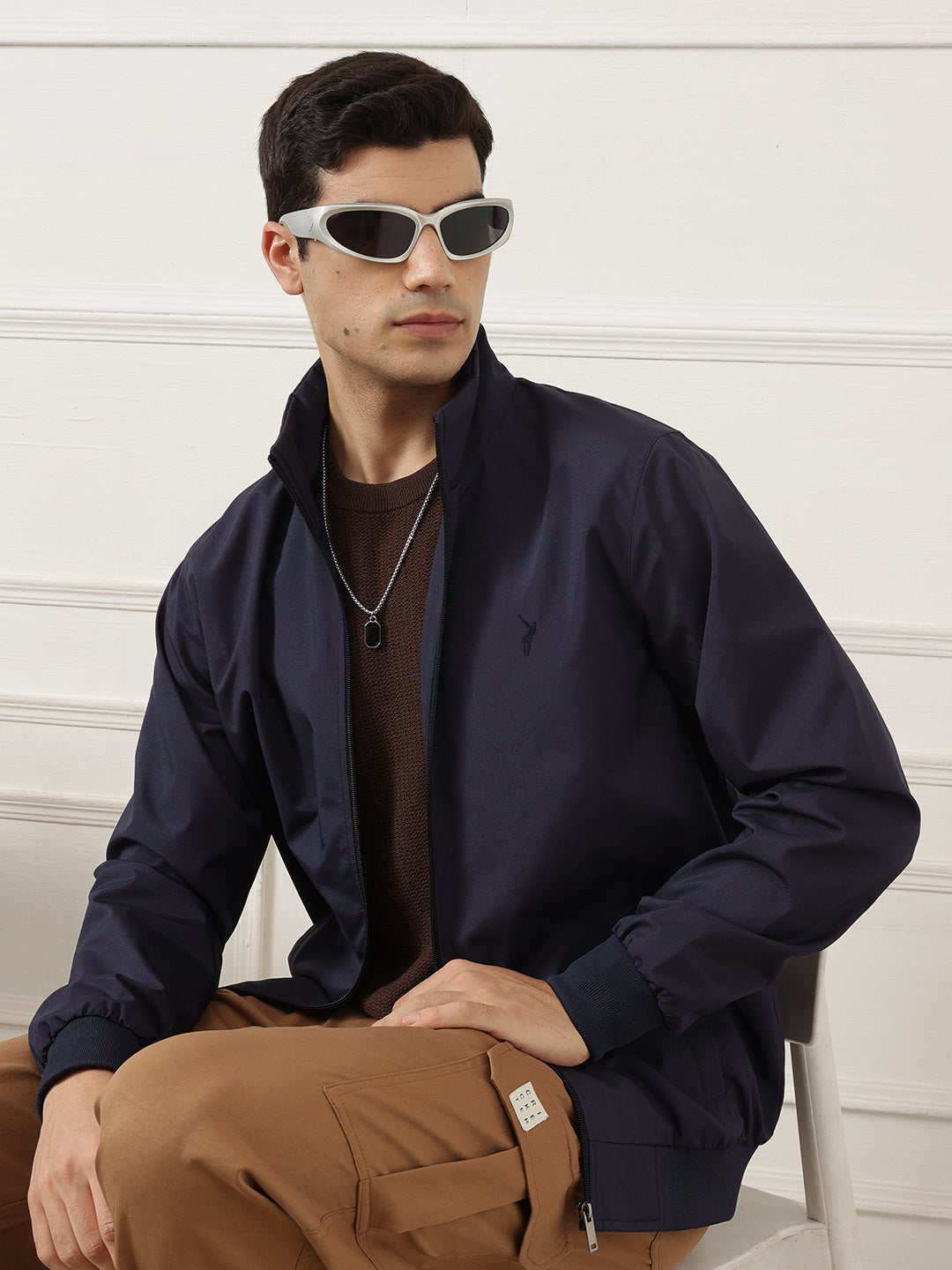 Navy Regular Fit Solid Full Sleeves Stand Collar Zip-Front Casual Bomber Jacket For Men