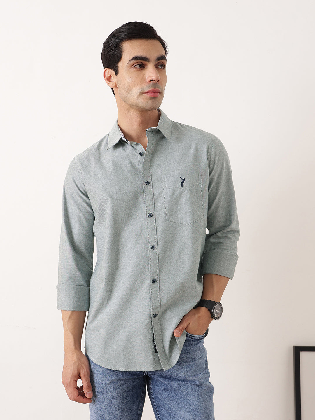 Thomas Scott Men Bottle Green Premium Slim Fit Long Sleeves Spread Collar Solid Cotton Twill Shirt