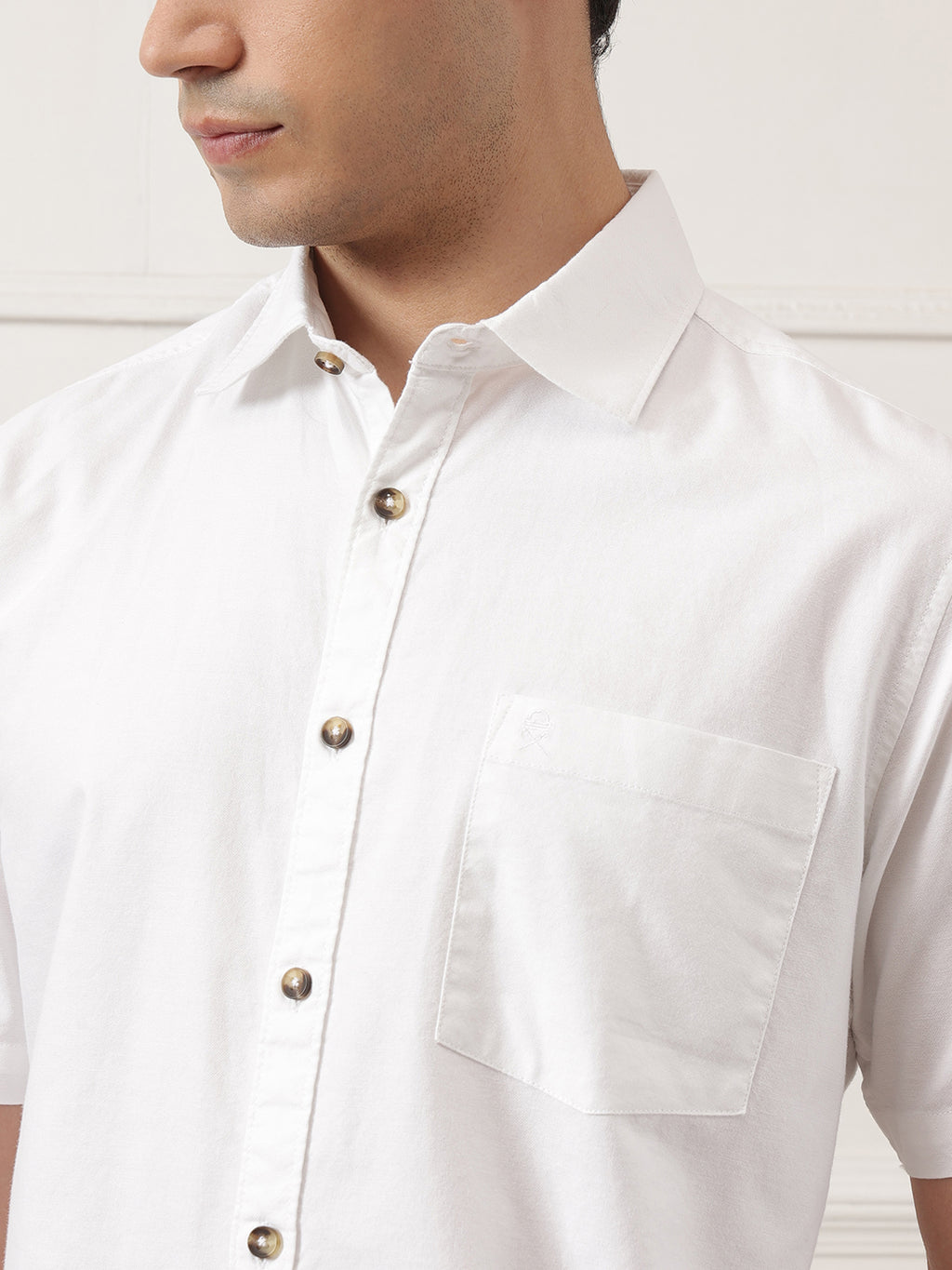 Optical White Regular Fit Short Sleeve Spread Collar Solid Oxford Cotton Casual Shirt For Men