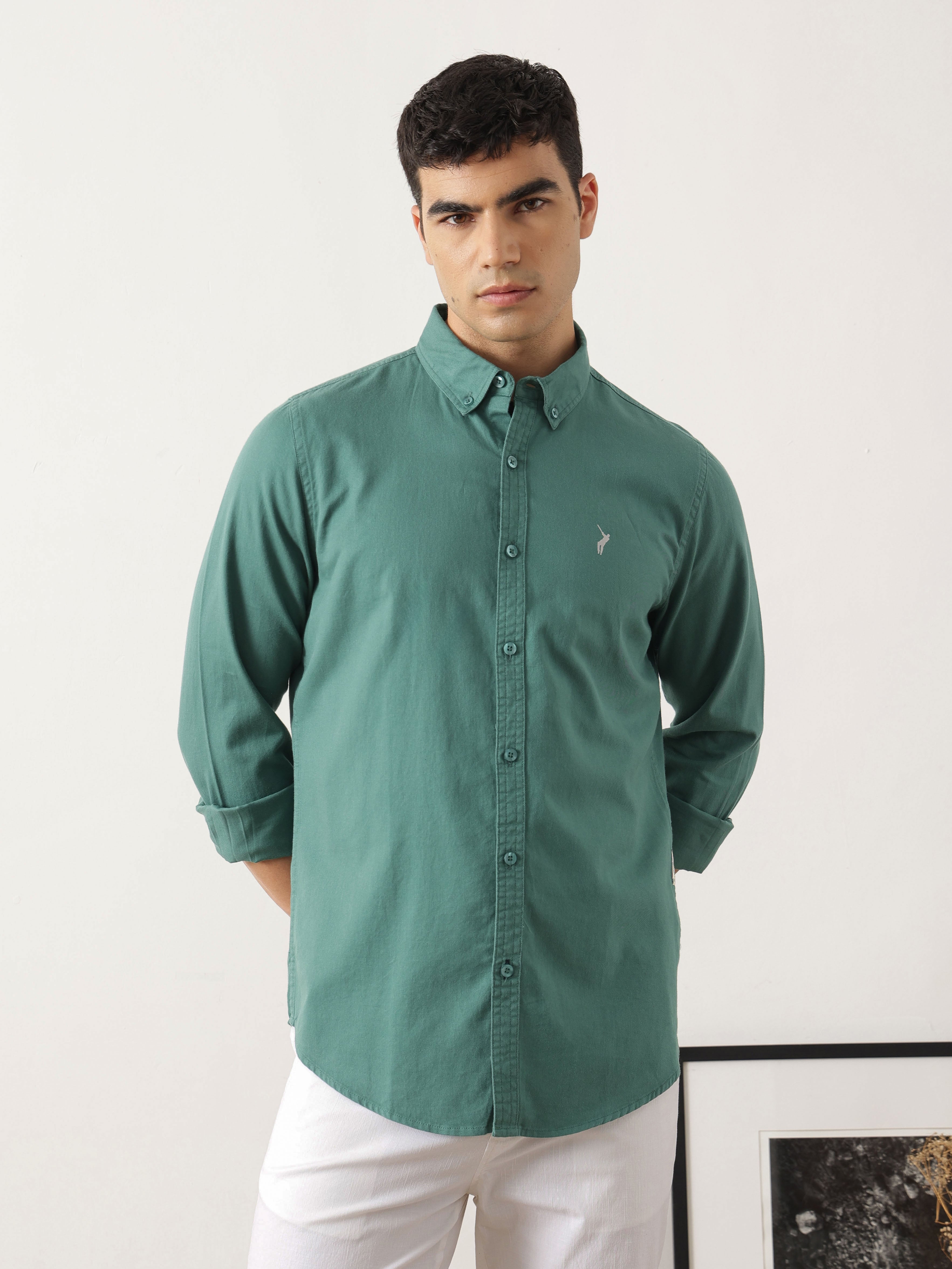 Thomas Scott Men Classic Olive Regular Fit Long Sleeves Button Down Collar Solid Cotton Twill Shirt