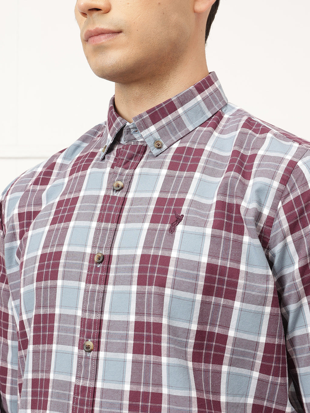Maroon Premium Regular Fit Tartan Checks Cotton Oxford Shirt For Men