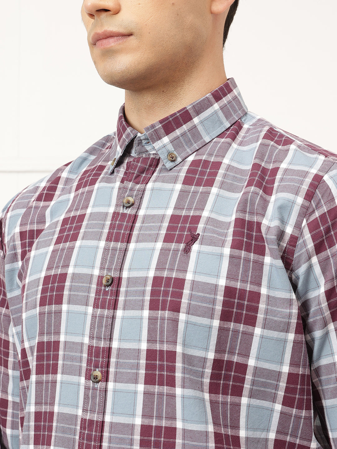 Maroon Premium Regular Fit Tartan Checks Cotton Oxford Shirt For Men