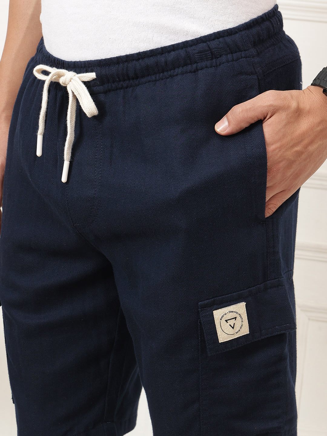 Navy Regular Fit Mid-Rise Textured Cotton Linen Cargo Shorts For Men