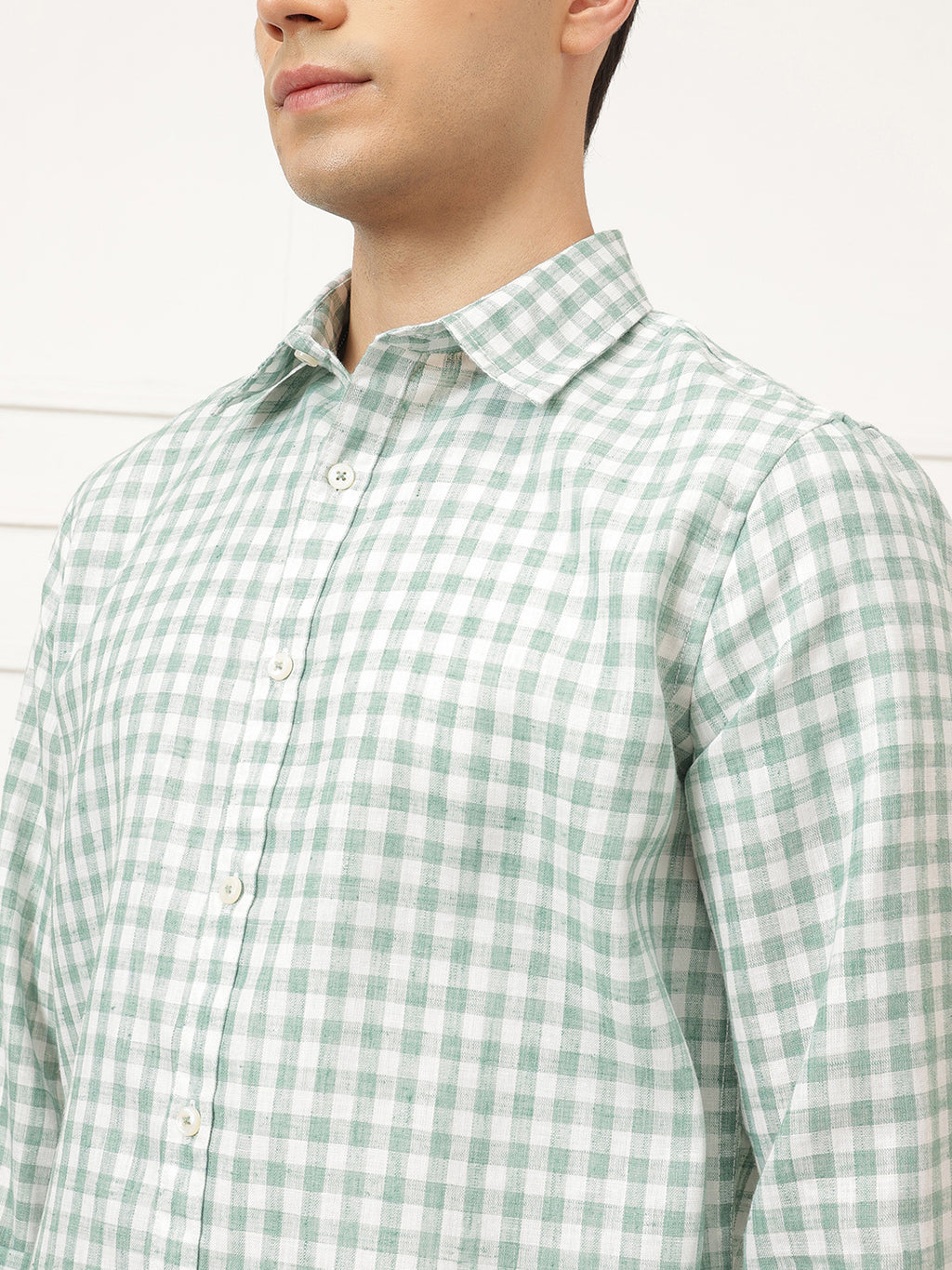 Green Premium Regular Fit Gingham Checks Cotton Linen Shirt For Men