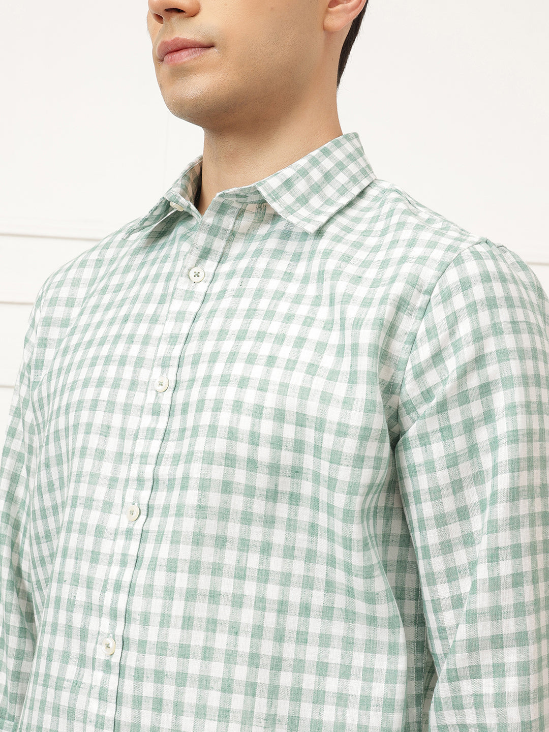 Green Premium Regular Fit Gingham Checks Cotton Linen Shirt For Men